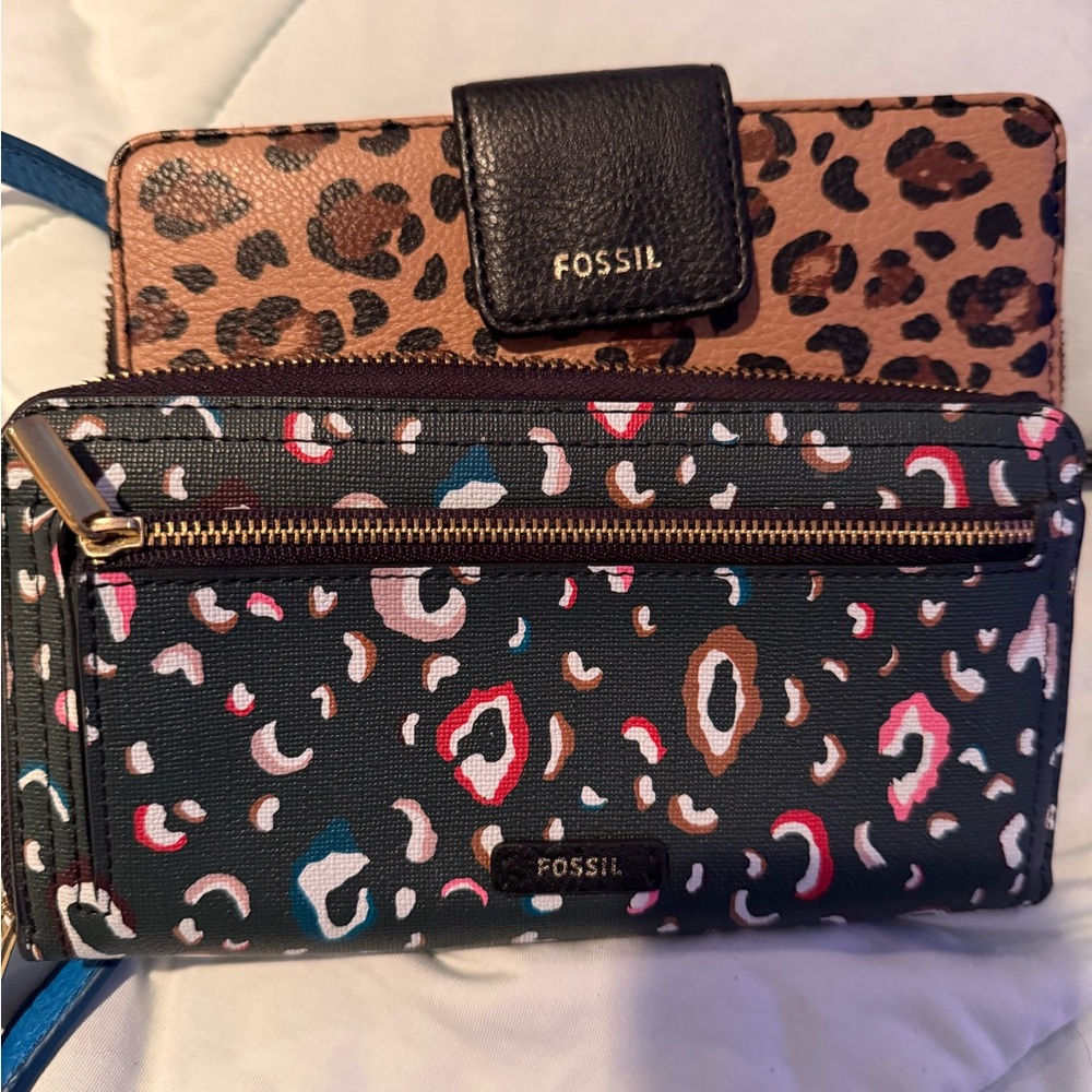 Fossil Black and Brown Leopard Print Wallet Set